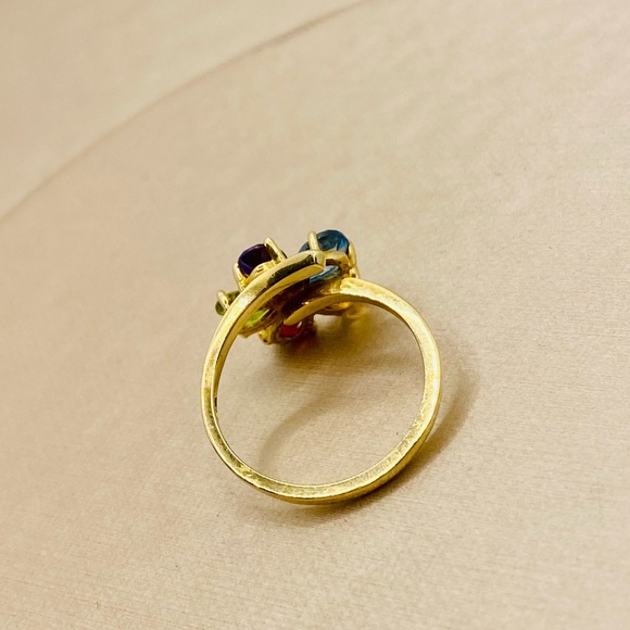 EUC Estate 10k Yellow Gold Genuine Multi-Colored Gemstone & Diamond Flower Ring - Picture 13 of 17